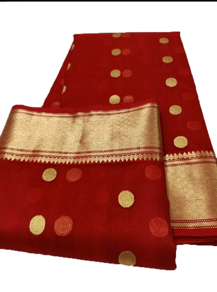 Red Handloom Chanderi Pure katan Silk Saree - Luxurion World