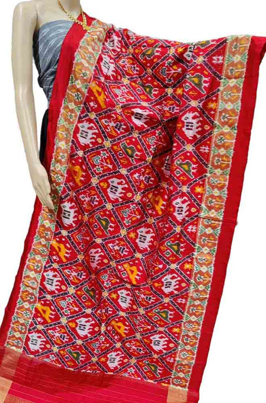 Red Handloom Ikat Pure Silk Dupatta - Luxurion World