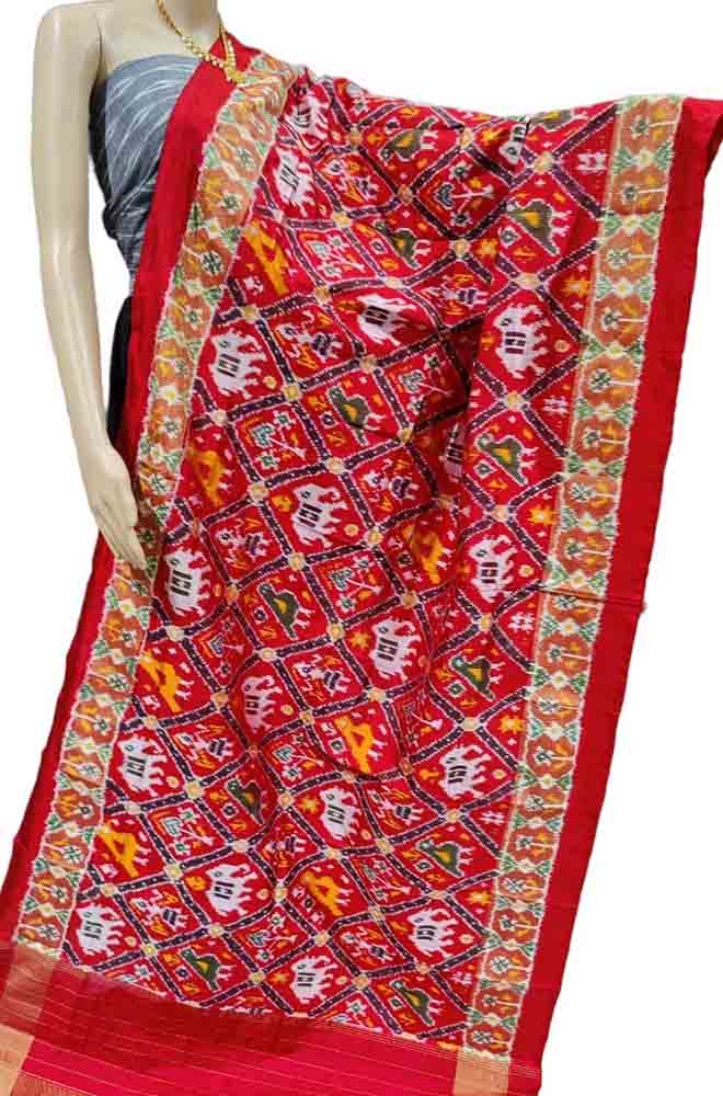 Red Handloom Ikat Pure Silk Dupatta - Luxurion World