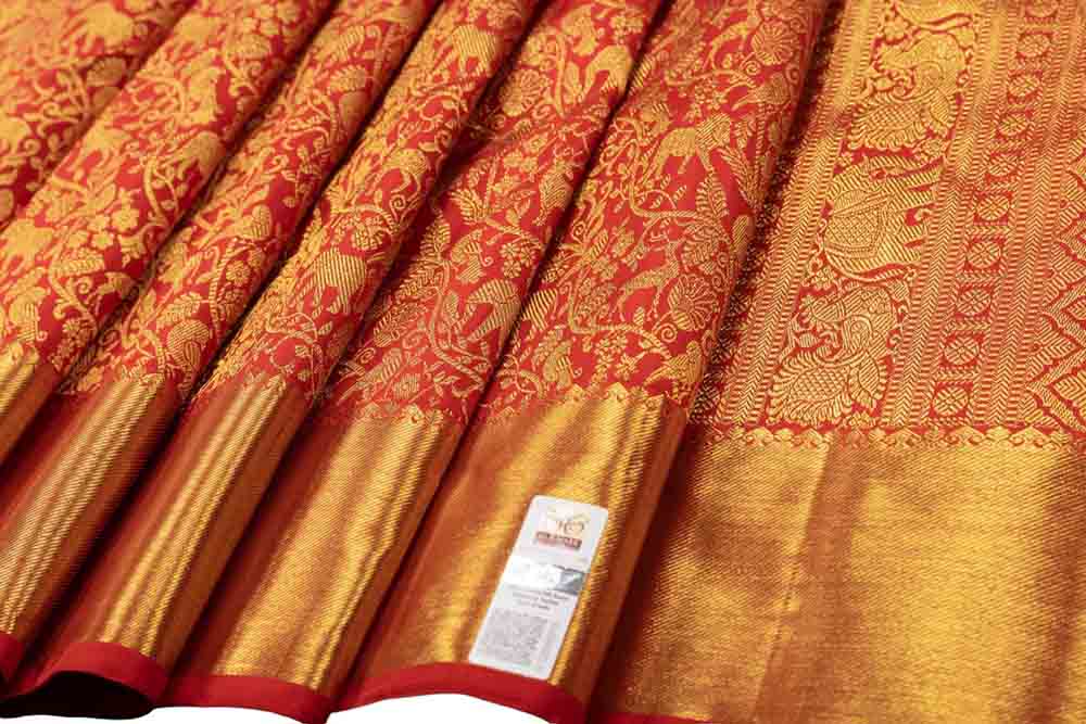 Red Handloom Kanjeevaram Pure Silk Saree - Luxurion World