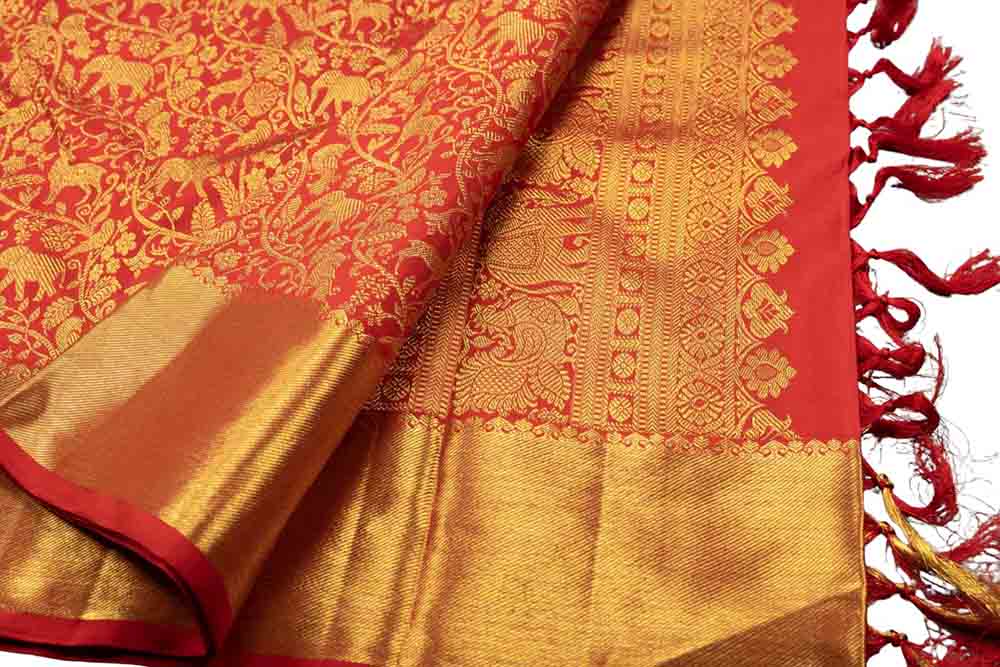 Red Handloom Kanjeevaram Pure Silk Saree - Luxurion World
