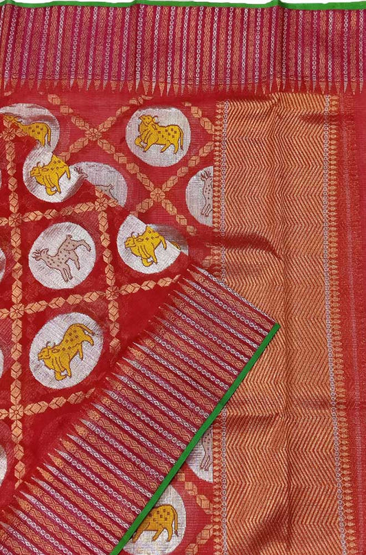Red Handloom Kota Doria Real Zari Figure Work Dupatta - Luxurion World