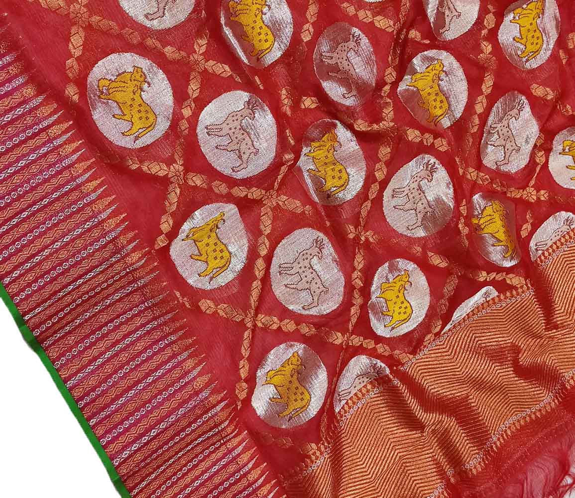 Red Handloom Kota Doria Real Zari Figure Work Dupatta - Luxurion World