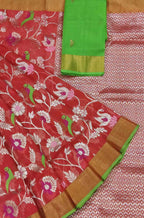 Red Handloom Kota Doria Real Zari Parrot And Floral design Saree - Luxurion World
