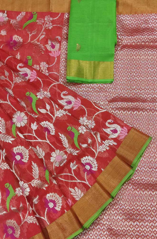 Red Handloom Kota Doria Real Zari Parrot And Floral design Saree - Luxurion World