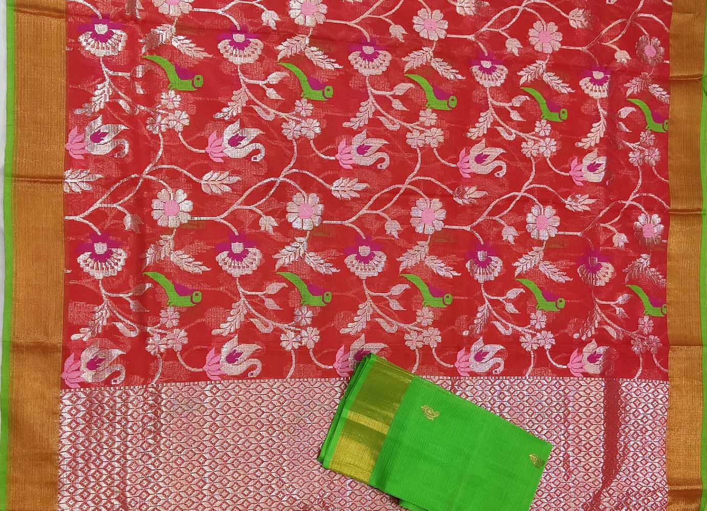 Red Handloom Kota Doria Real Zari Parrot And Floral design Saree - Luxurion World