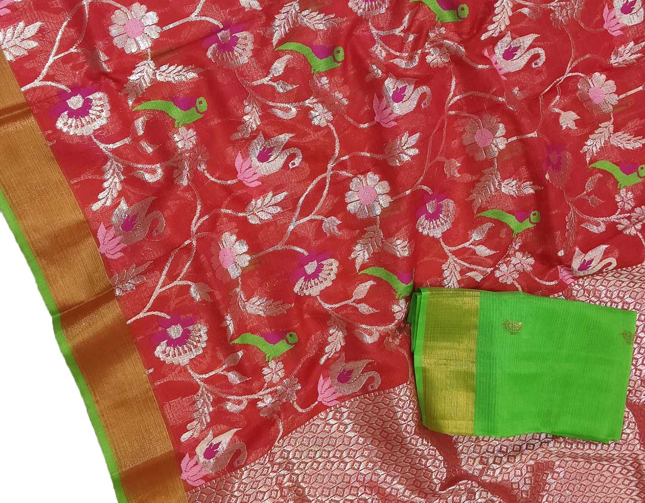 Red Handloom Kota Doria Real Zari Parrot And Floral design Saree - Luxurion World
