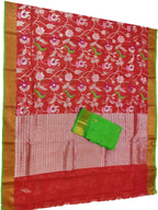 Red Handloom Kota Doria Real Zari Parrot And Floral design Saree - Luxurion World