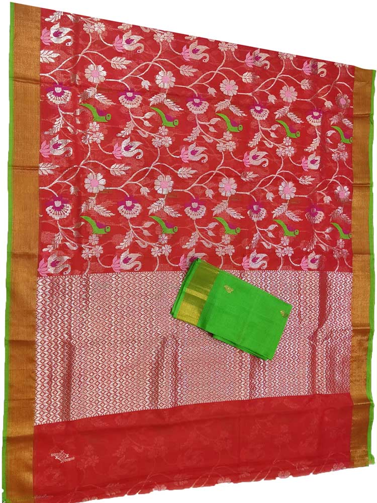 Red Handloom Kota Doria Real Zari Parrot And Floral design Saree - Luxurion World