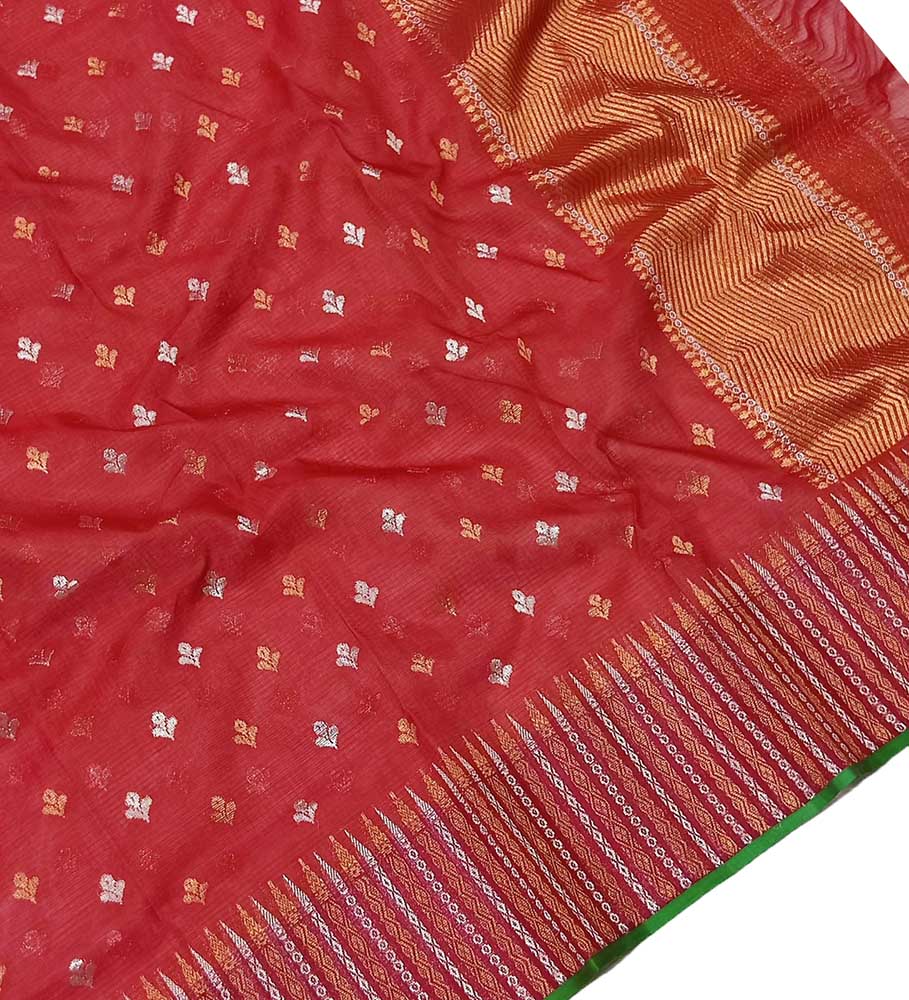 Red Handloom Kota Doria Real Zari Sona Roopa Dupatta - Luxurion World