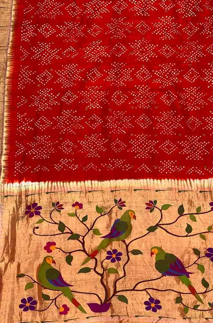 Red Handloom Paithani Bandhani Pure Silk Saree