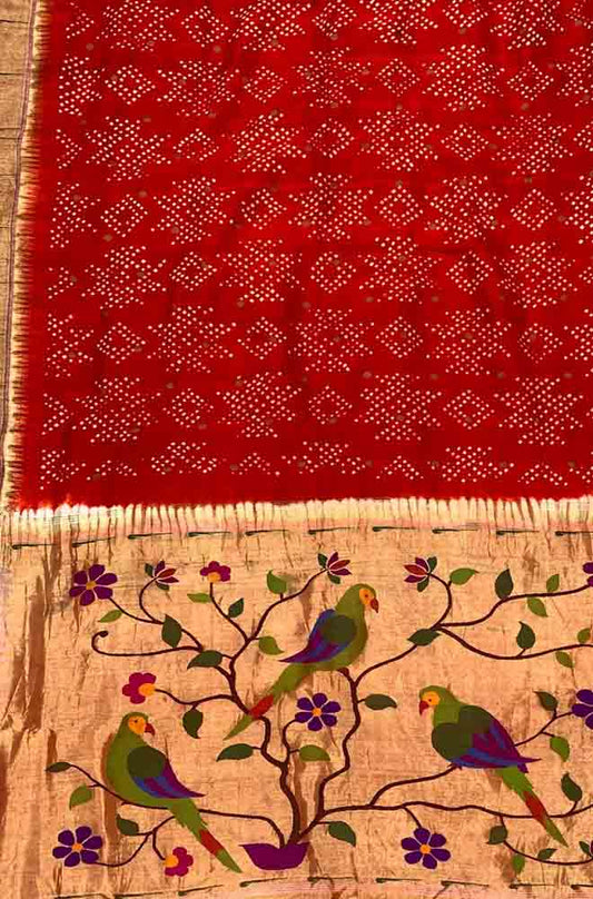 Red Handloom Paithani Bandhani Pure Silk Saree - Luxurion World