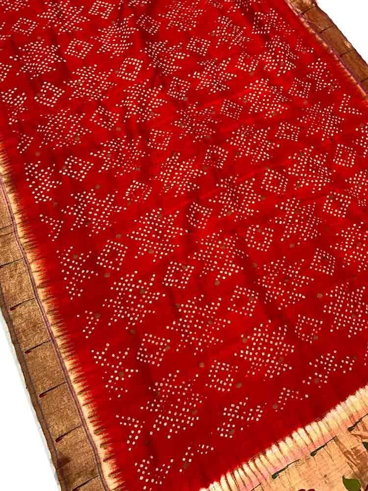 Red Handloom Paithani Bandhani Pure Silk Saree - Luxurion World