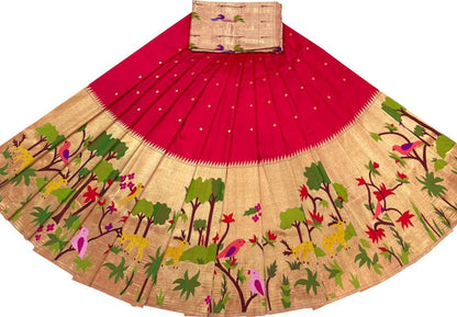 Red Handloom Paithani Pure Silk Lehenga Fabric - Luxurion World