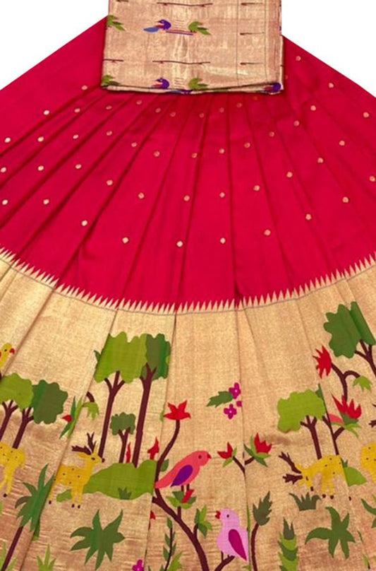 Red Handloom Paithani Pure Silk Lehenga Fabric - Luxurion World