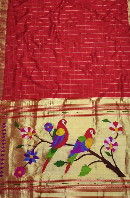 Red Handloom Paithani Pure Silk Muniya Border Parrot And Floral Design Saree