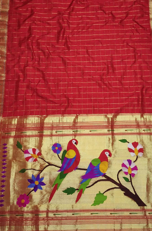 Red Handloom Paithani Pure Silk Muniya Border Parrot And Floral Design Saree - Luxurion World