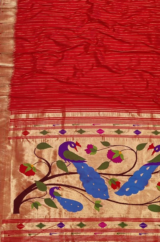 Red Handloom Paithani Pure Silk Peacock Design Muniya Border Saree - Luxurion World