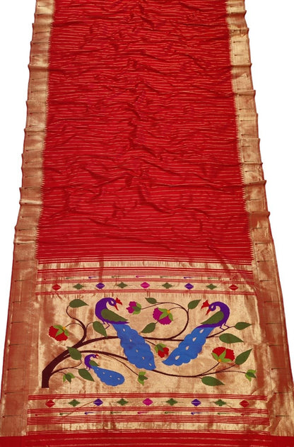 Red Handloom Paithani Pure Silk Peacock Design Muniya Border Saree - Luxurion World
