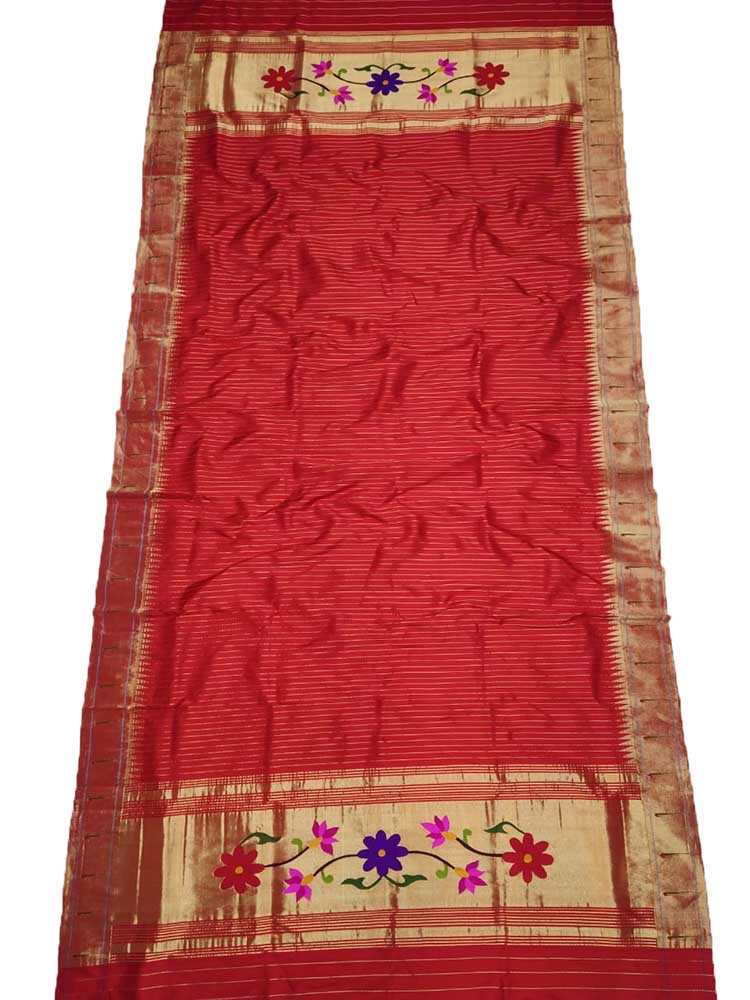 Red Handloom Paithani Pure Silk Single Muniya Border Floral Design Dupatta - Luxurion World