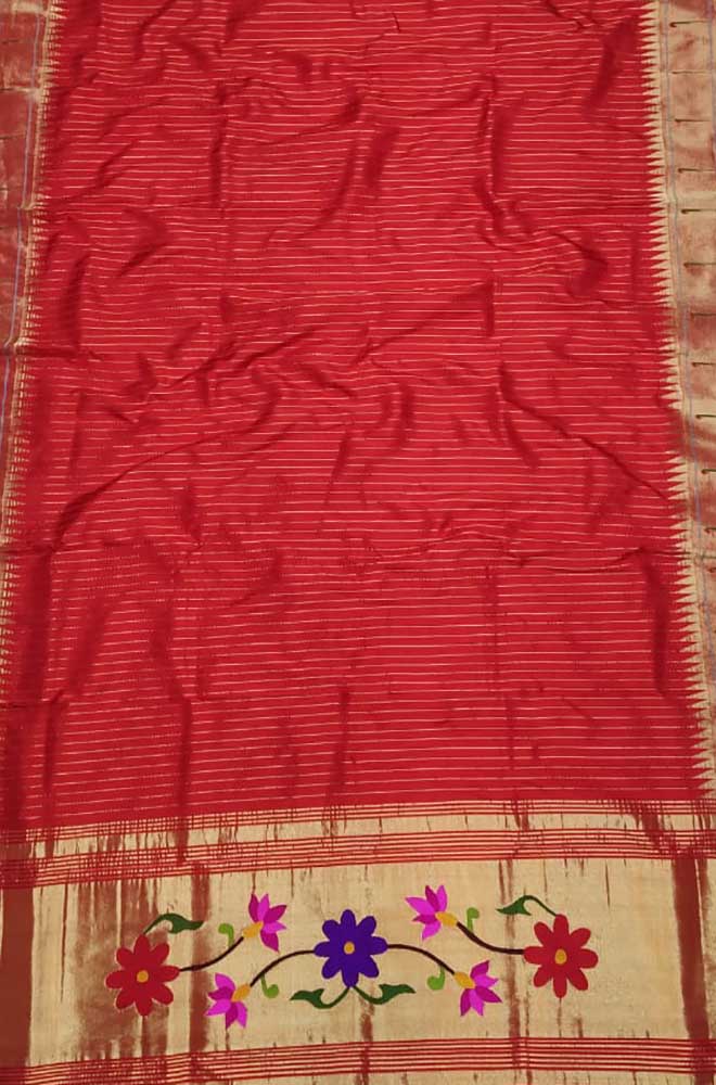 Red Handloom Paithani Pure Silk Single Muniya Border Floral Design Dupatta - Luxurion World