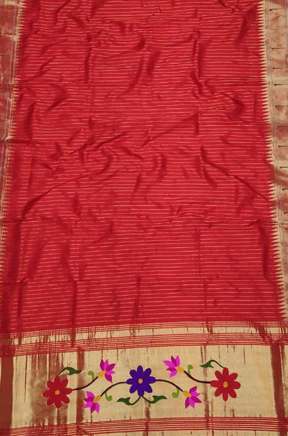 Red Handloom Paithani Pure Silk Single Muniya Border Floral Design Dupatta - Luxurion World
