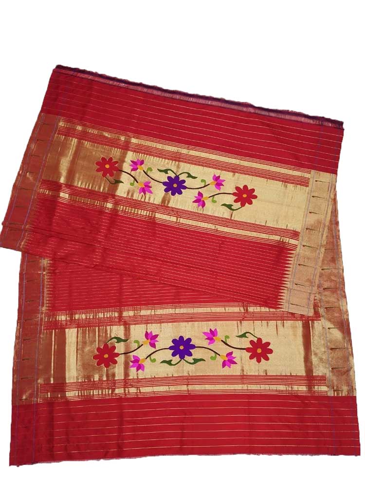Red Handloom Paithani Pure Silk Single Muniya Border Floral Design Dupatta - Luxurion World