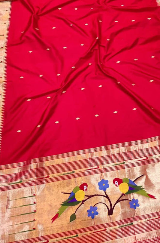 Red Handloom Paithani Pure Silk Single Muniya Dupatta - Luxurion World