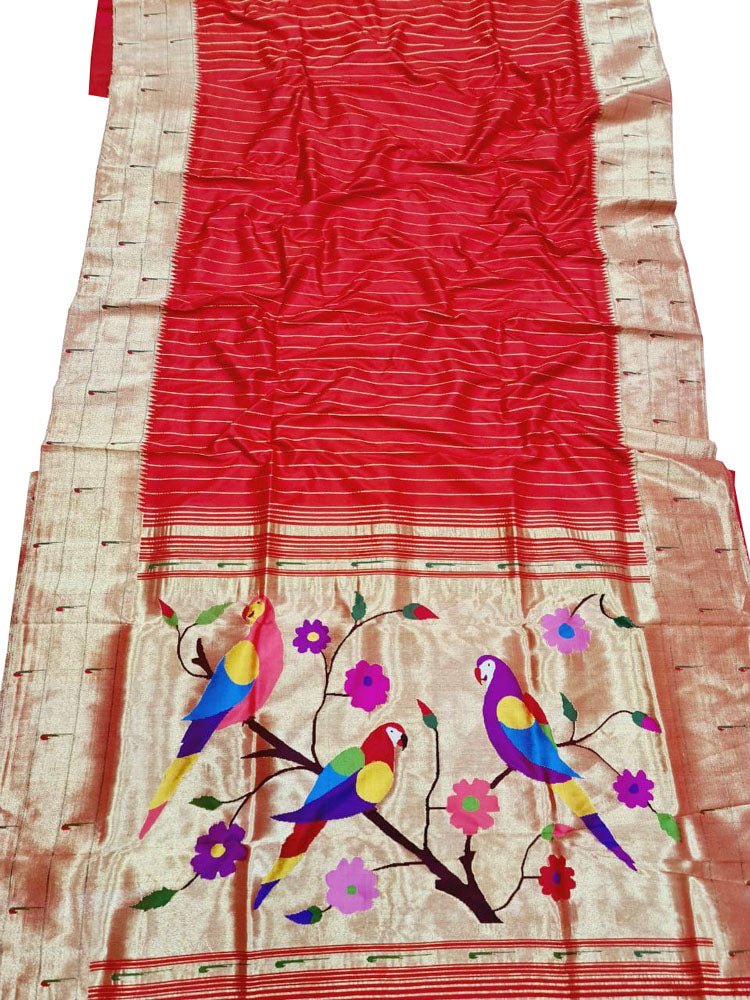 Red Handloom Paithani Pure Silk Triple Muniya Border Bird & Flower Design Saree - Luxurion World