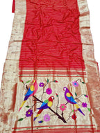 Red Handloom Paithani Pure Silk Triple Muniya Border Bird & Flower Design Saree - Luxurion World