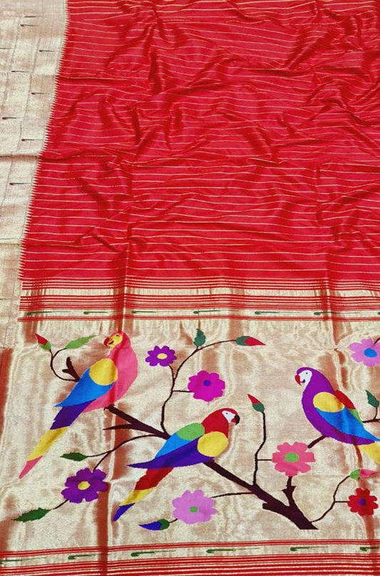 Red Handloom Paithani Pure Silk Triple Muniya Border Bird & Flower Design Saree - Luxurion World