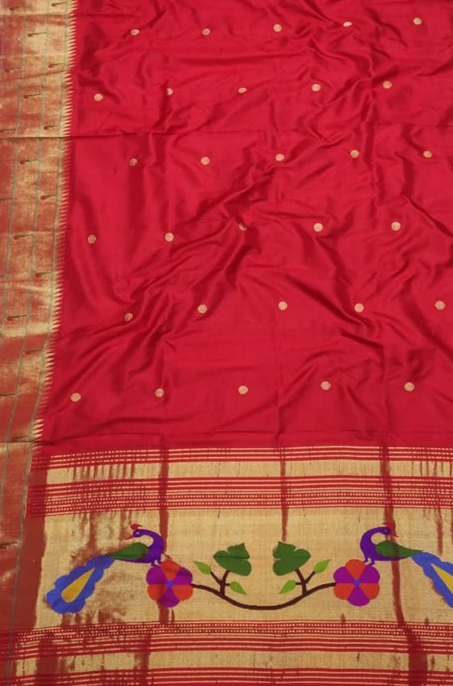 Red Handloom Paithani Pure Silk Triple Muniya Border Dupatta - Luxurion World