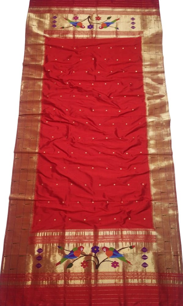 Red Handloom Paithani Pure Silk Triple Muniya Border Dupatta - Luxurion World