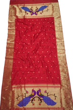 Red Handloom Paithani Pure Silk Triple Muniya Border Dupatta - Luxurion World