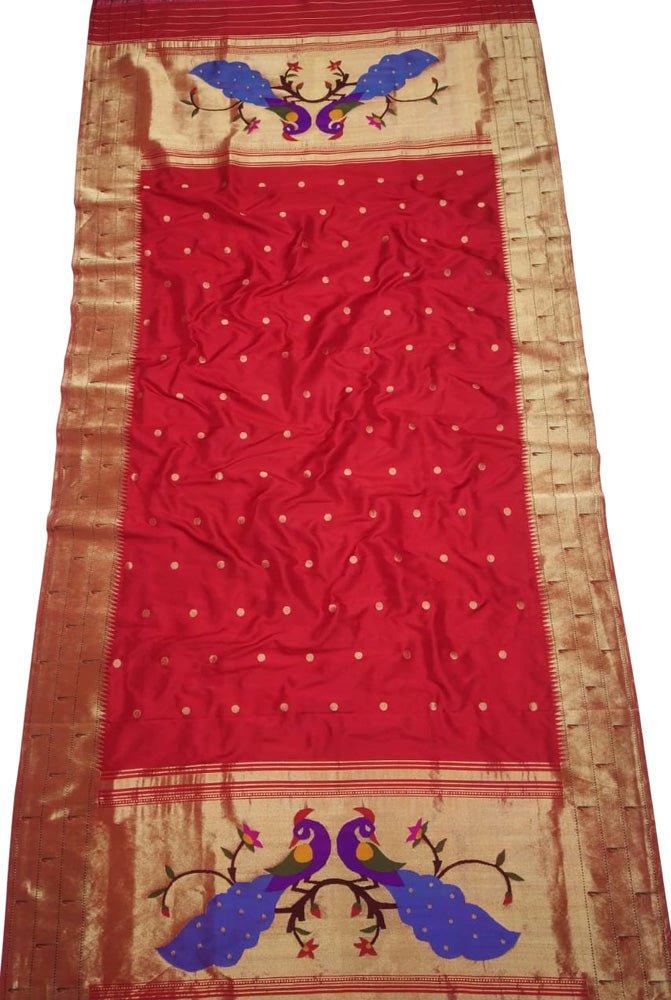 Red Handloom Paithani Pure Silk Triple Muniya Border Dupatta - Luxurion World