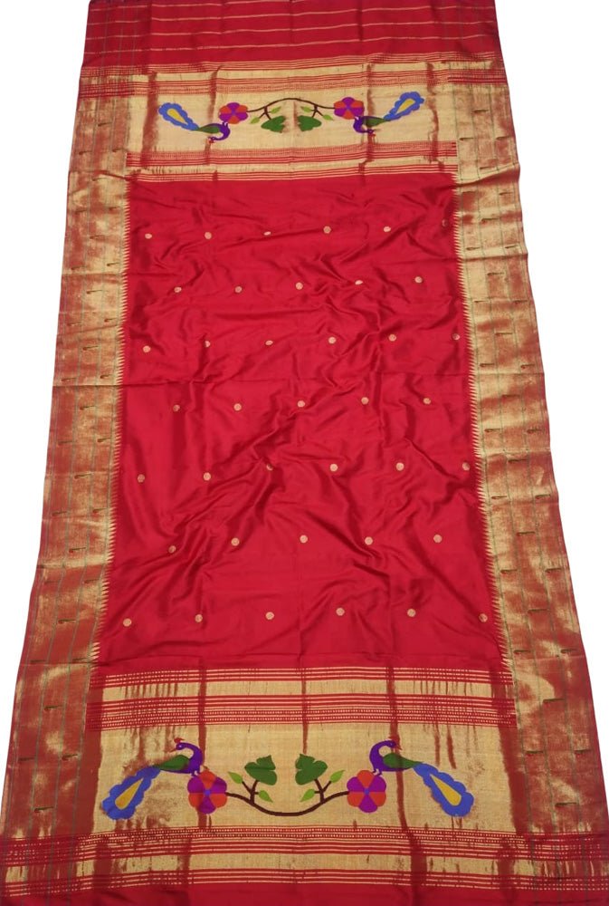 Red Handloom Paithani Pure Silk Triple Muniya Border Dupatta - Luxurion World