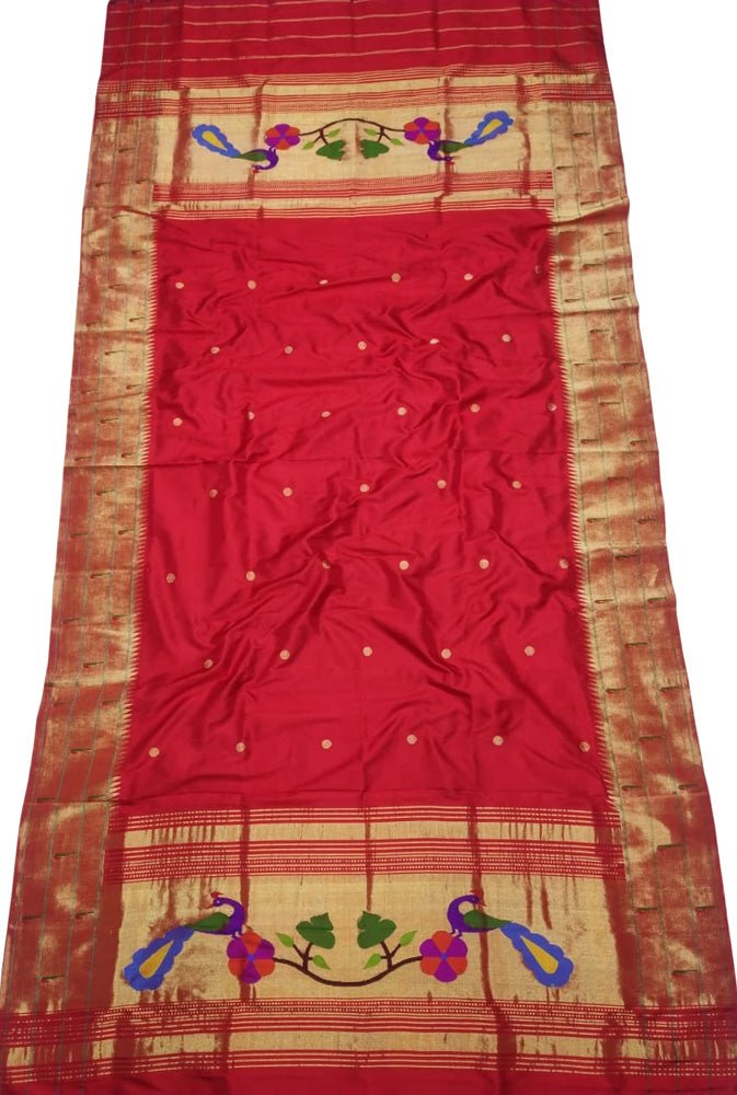 Red Handloom Paithani Pure Silk Triple Muniya Border Dupatta - Luxurion World