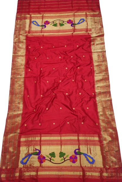 Red Handloom Paithani Pure Silk Triple Muniya Border Dupatta - Luxurion World