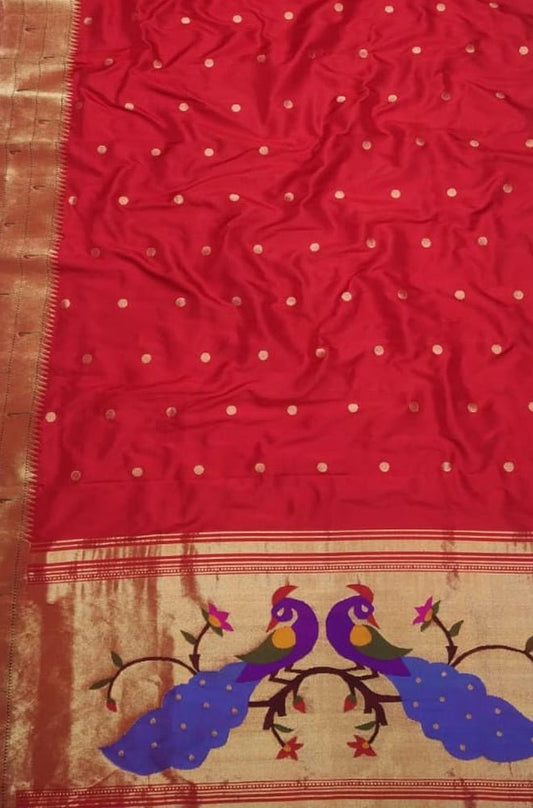 Red Handloom Paithani Pure Silk Triple Muniya Border Dupatta - Luxurion World