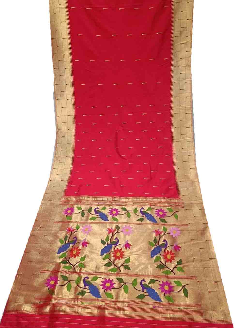 Red Handloom Paithani Pure Silk Triple Muniya Border Peacock Design Saree Luxurionworld