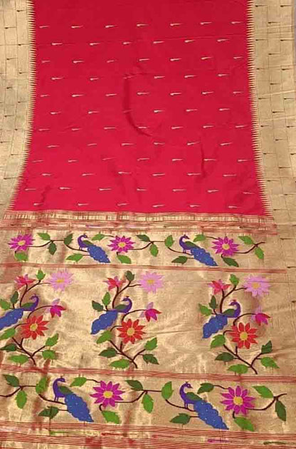 Red Handloom Paithani Pure Silk Triple Muniya Border Peacock Design Saree