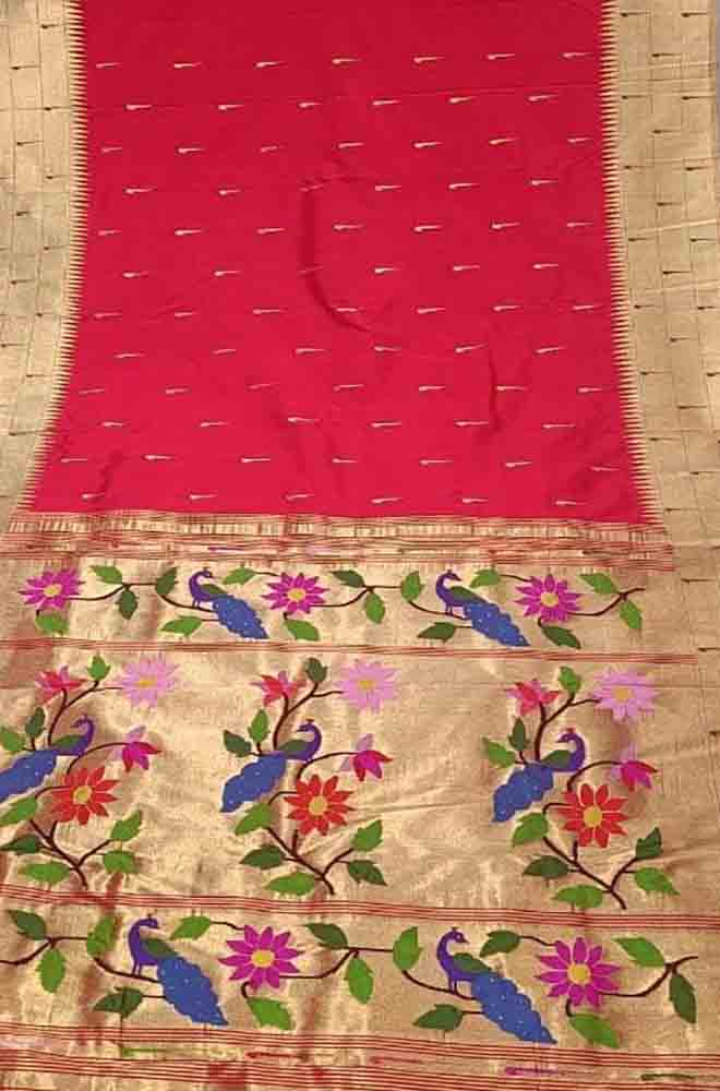 Red Handloom Paithani Pure Silk Triple Muniya Border Peacock Design Saree - Luxurion World