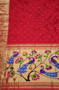 Red Handloom Paithani Pure Silk Triple Muniya Border Peacock Design Saree - Luxurion World