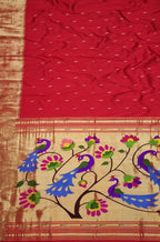 Red Handloom Paithani Pure Silk Triple Muniya Border Peacock Design Saree - Luxurion World