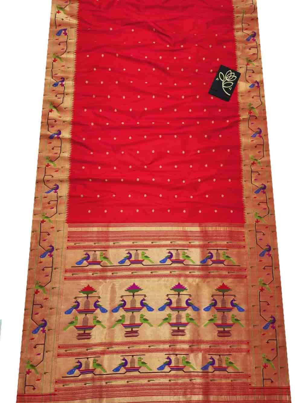Red Handloom Paithani Pure Silk Triple Muniya Border Peacock Design Saree Luxurionworld