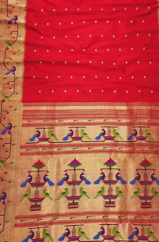 Red Handloom Paithani Pure Silk Triple Muniya Border Peacock Design Saree - Luxurion World