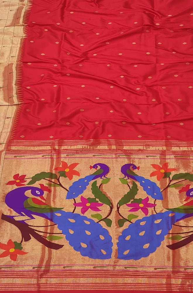 Red Handloom Paithani Pure Silk Triple Muniya Border Saree - Luxurion World