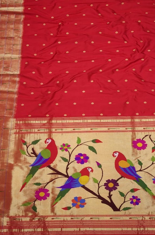 Red Handloom Paithani Pure Silk Triple Muniya Border Saree