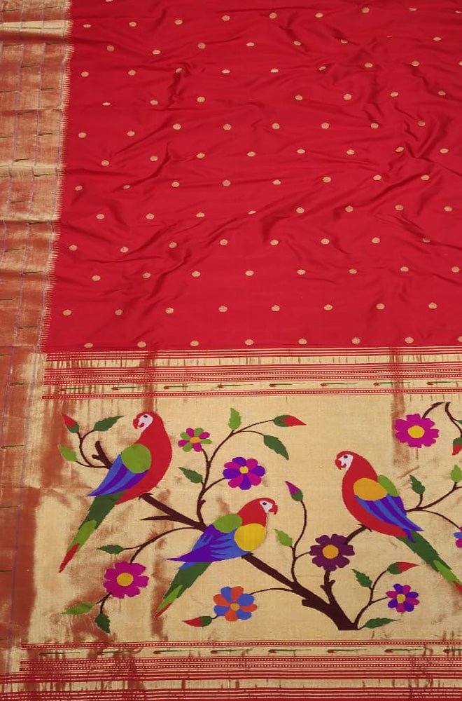 Red Handloom Paithani Pure Silk Triple Muniya Border Saree - Luxurion World