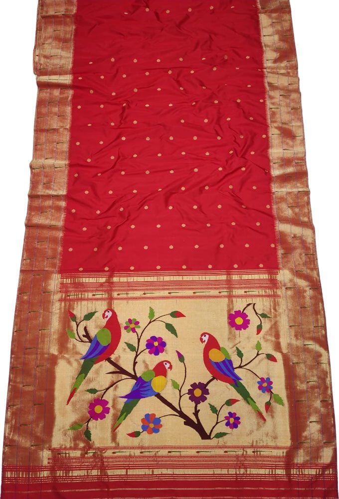 Red Handloom Paithani Pure Silk Triple Muniya Border Saree - Luxurion World